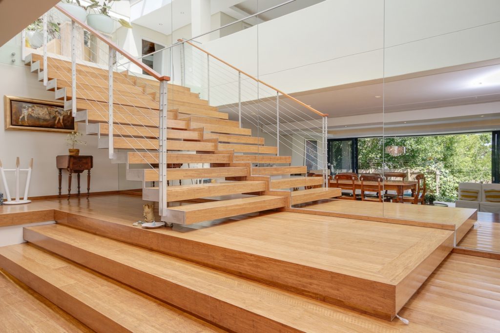 Cantilvered steel and bamboo staircase.
